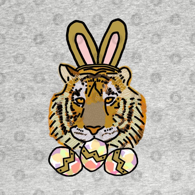 Happy Easter Bunny Ears on Tiger Eating Easter Eggs by ellenhenryart